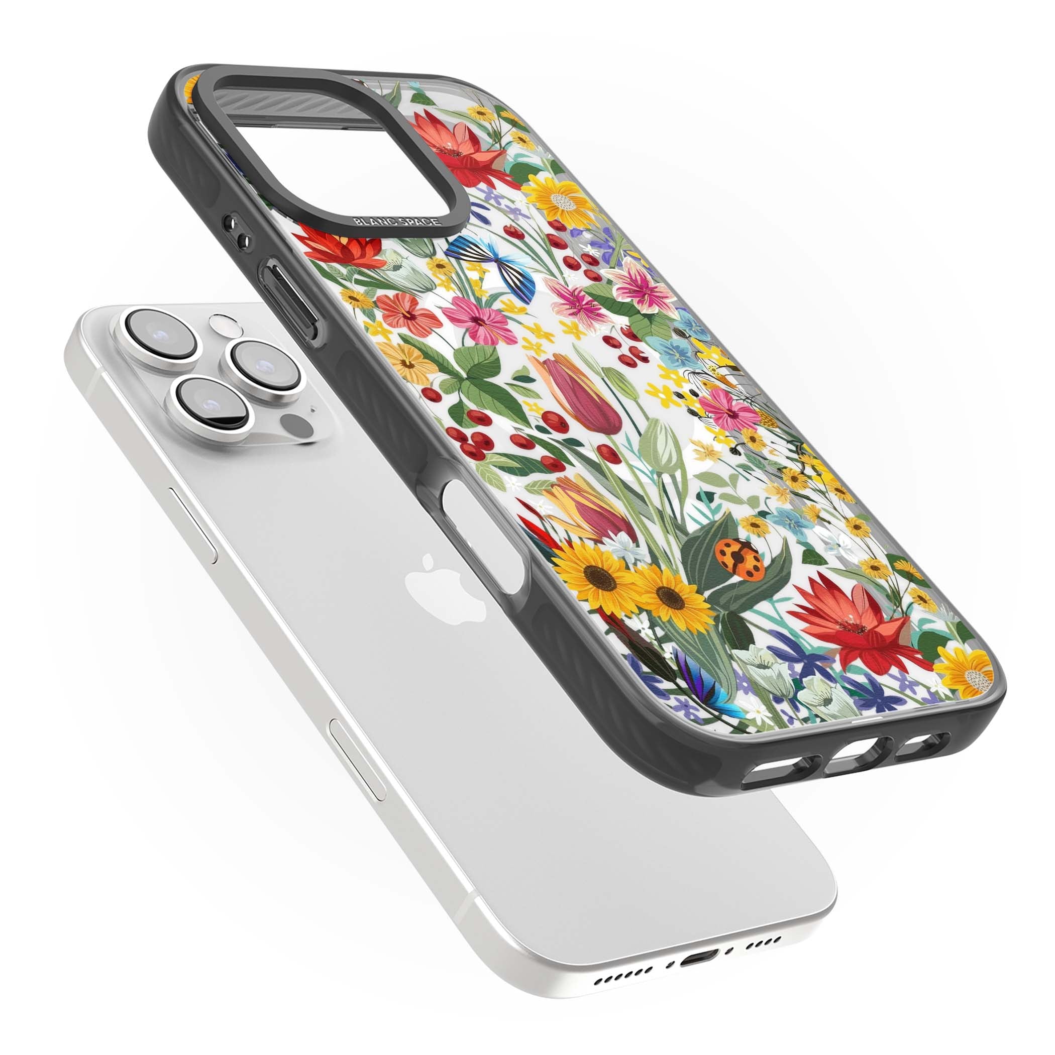Botanical Bloom cottagecore iPhone case featuring colorful wildflowers, sunflowers, and ladybugs on clear background | Black Impact Magsafe case for iPhone 16 Pro, iPhone 16 Pro Max