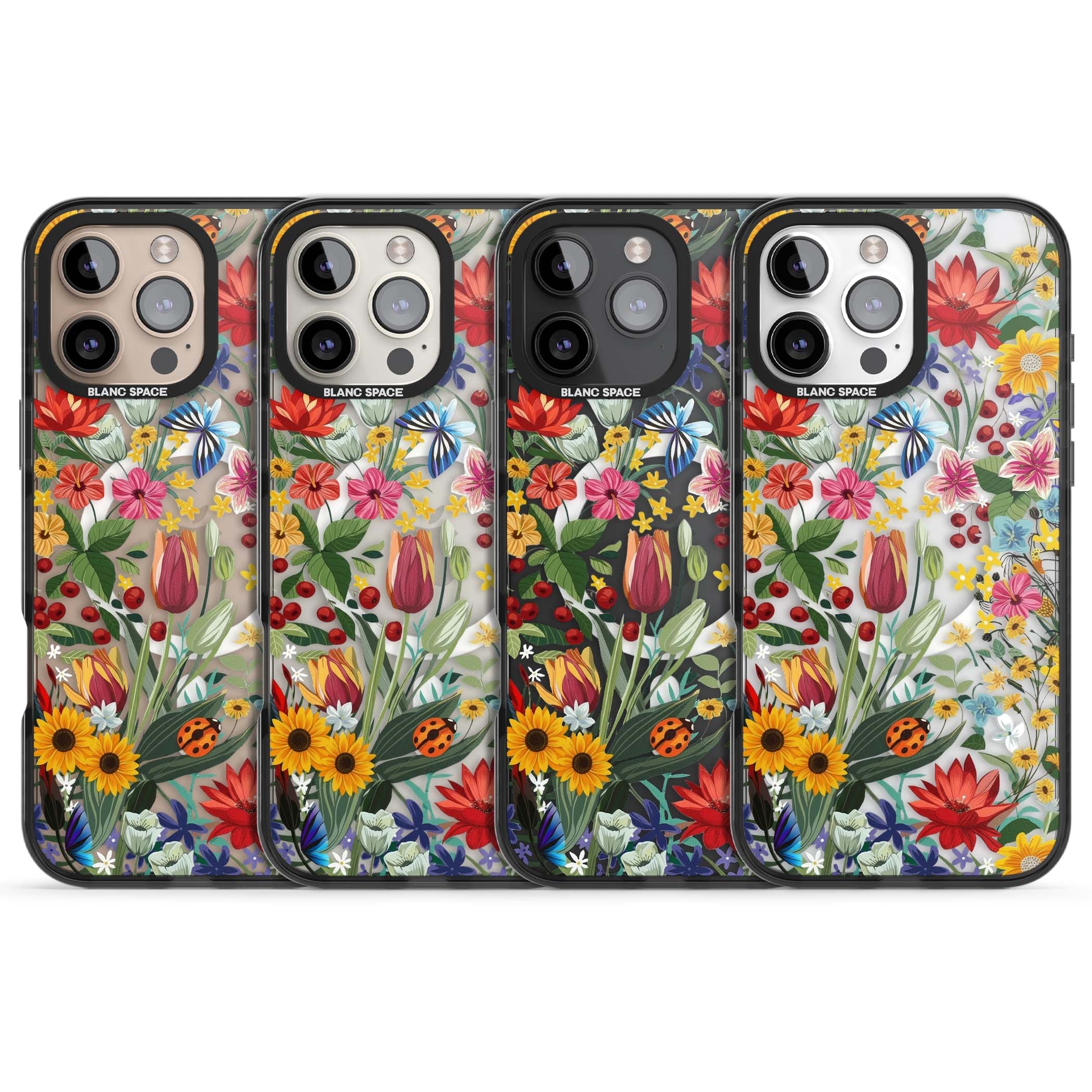 Botanical Bloom cottagecore iPhone case featuring colorful wildflowers, sunflowers, and ladybugs on clear background | Black Impact Magsafe case for iPhone 16 Pro, iPhone 16 Pro Max