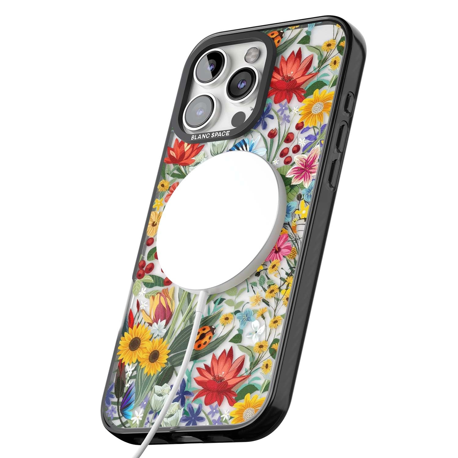 Botanical Bloom cottagecore iPhone case featuring colorful wildflowers, sunflowers, and ladybugs on clear background | Black Impact Magsafe case for iPhone 16 Pro, iPhone 16 Pro Max