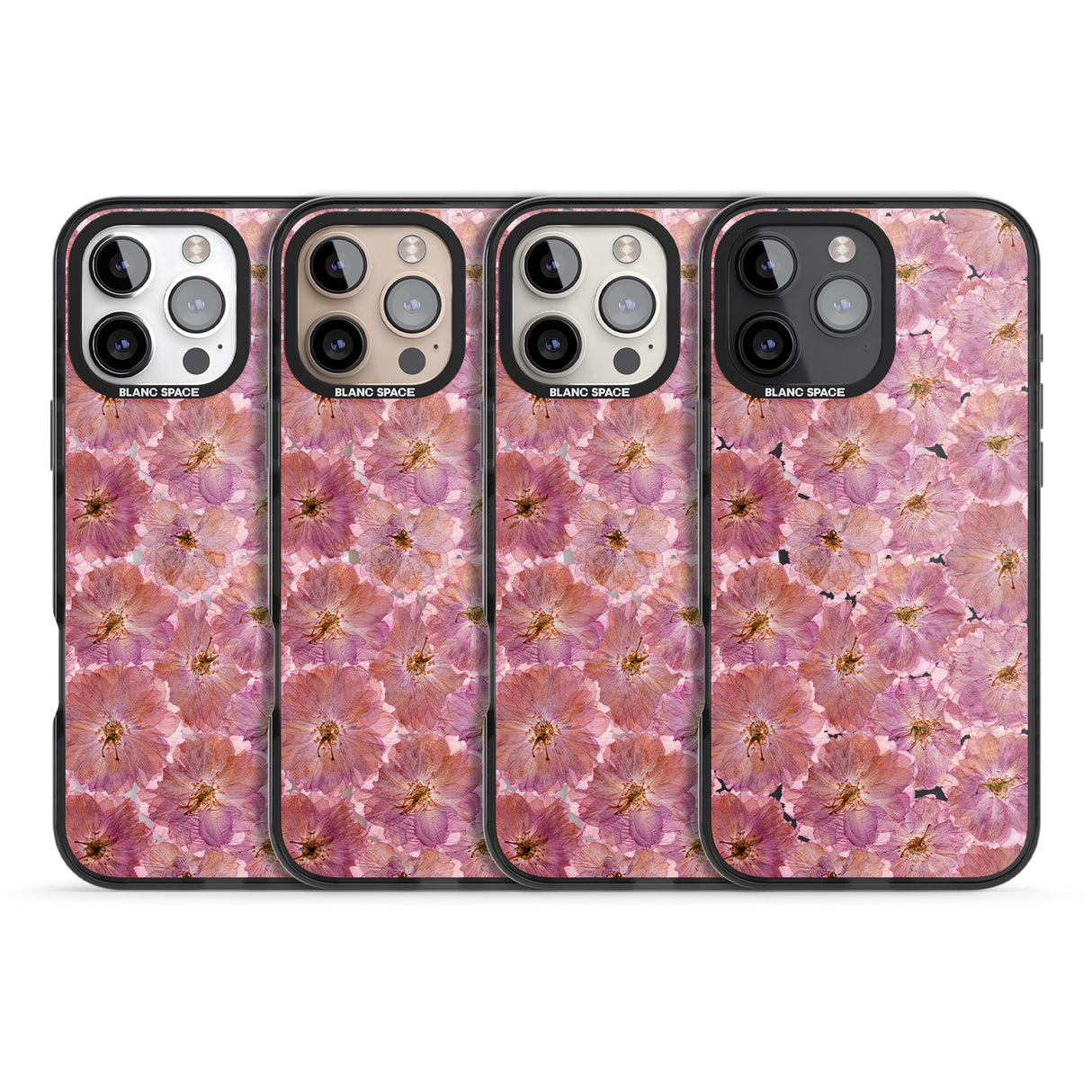 iPhone 16 Pro Max Large Pink Flowers Transparent Design Black Impact Phone Case