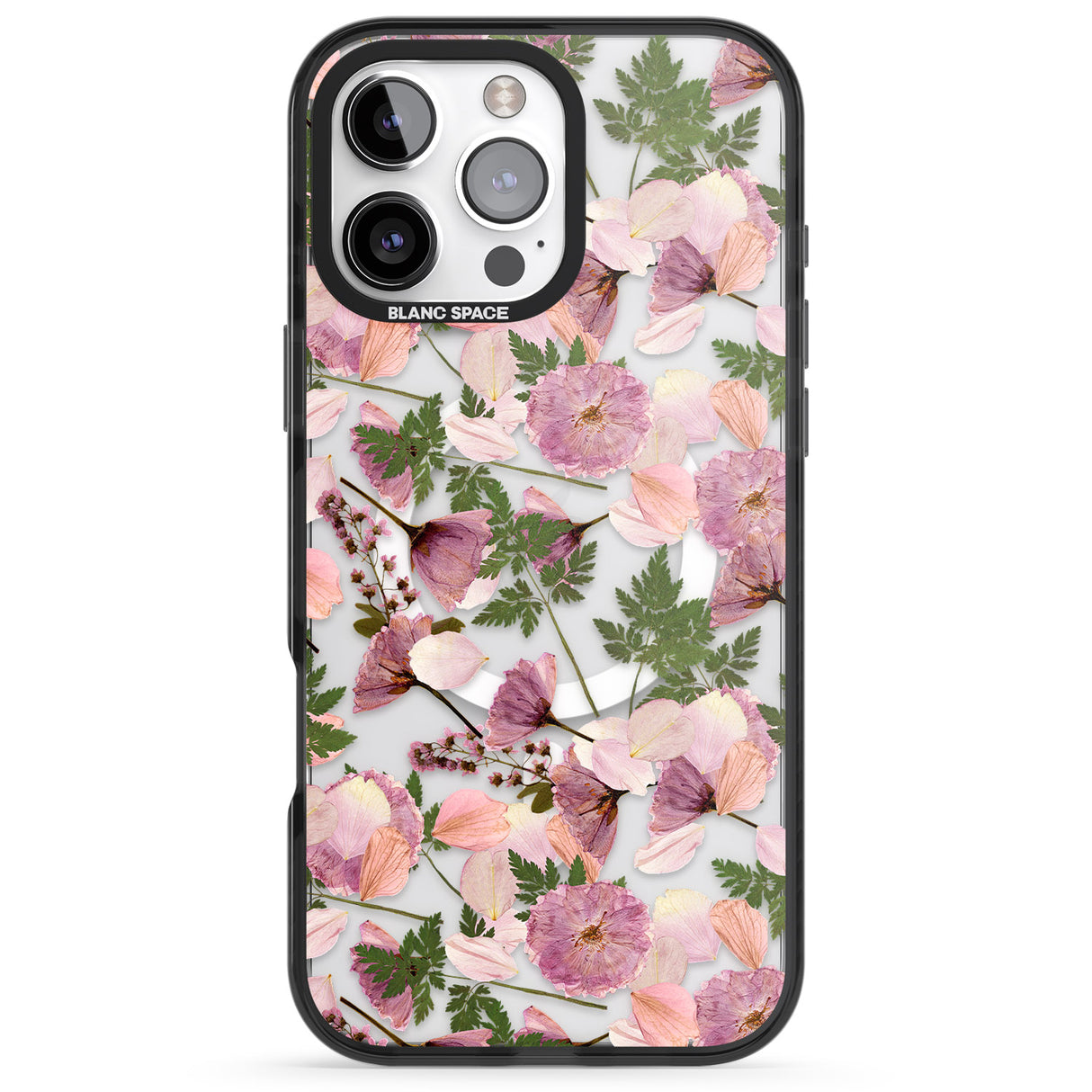 iPhone 16 Pro Max Leafy Floral Pattern Transparent Design Black Impact Phone Case