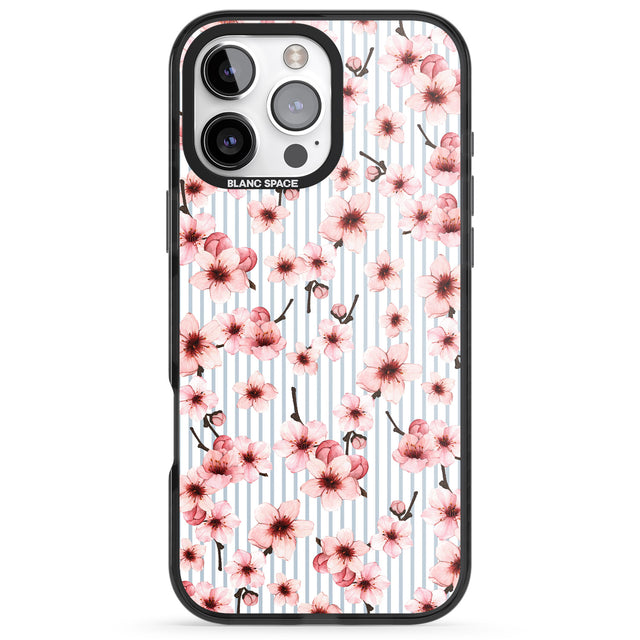 iPhone 16 Pro Max Cherry Blossoms on Blue Stripes Pattern Black Impact Phone Case