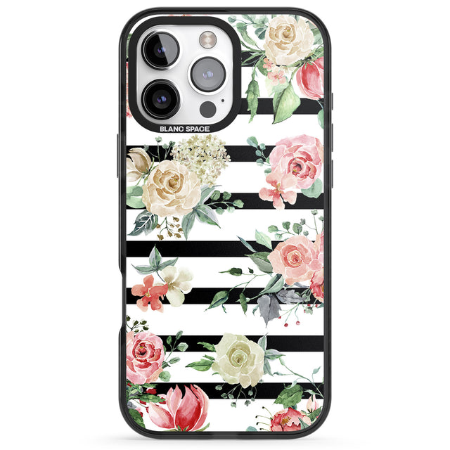 iPhone 16 Pro Max Bold Stripes & Flower Pattern Black Impact Phone Case