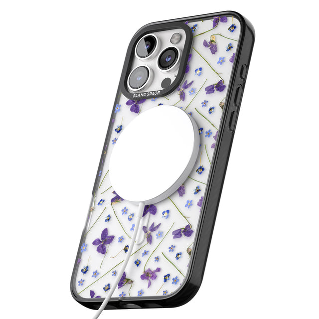 iPhone 16 Pro Max Violet & Blue Floral Pattern Design Black Impact Phone Case