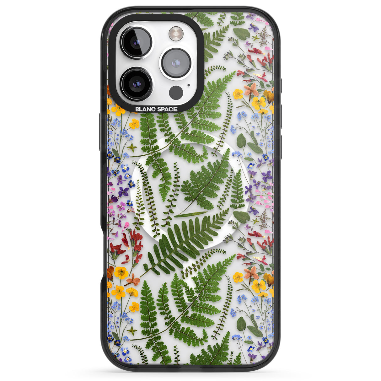 iPhone 16 Pro Max Busy Floral and Fern Design Black Impact Phone Case