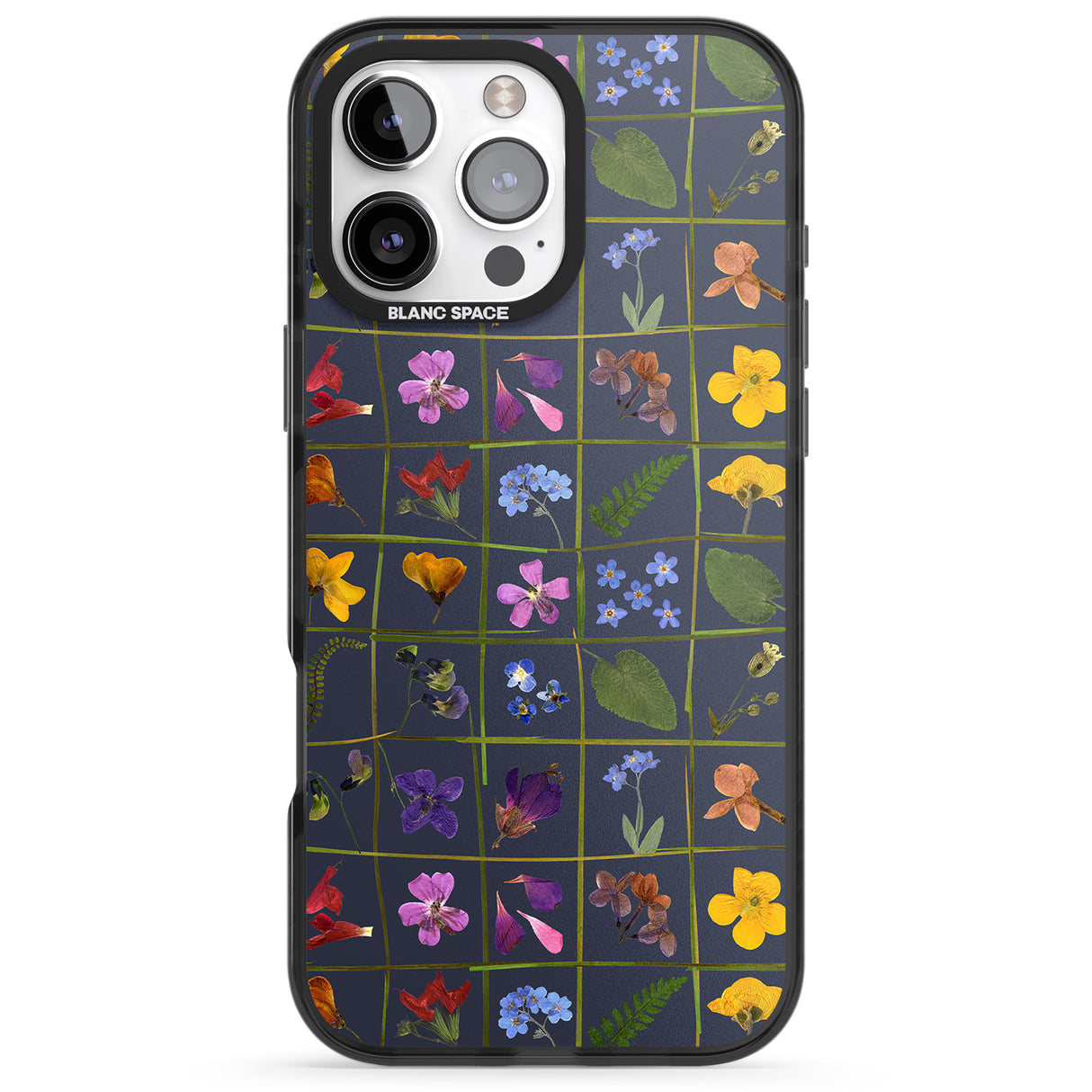 iPhone 16 Pro Max Wildflower Grid Boxes Pattern - Navy Black Impact Phone Case