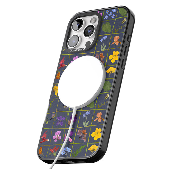 iPhone 16 Pro Max Wildflower Grid Boxes Pattern - Navy Black Impact Phone Case