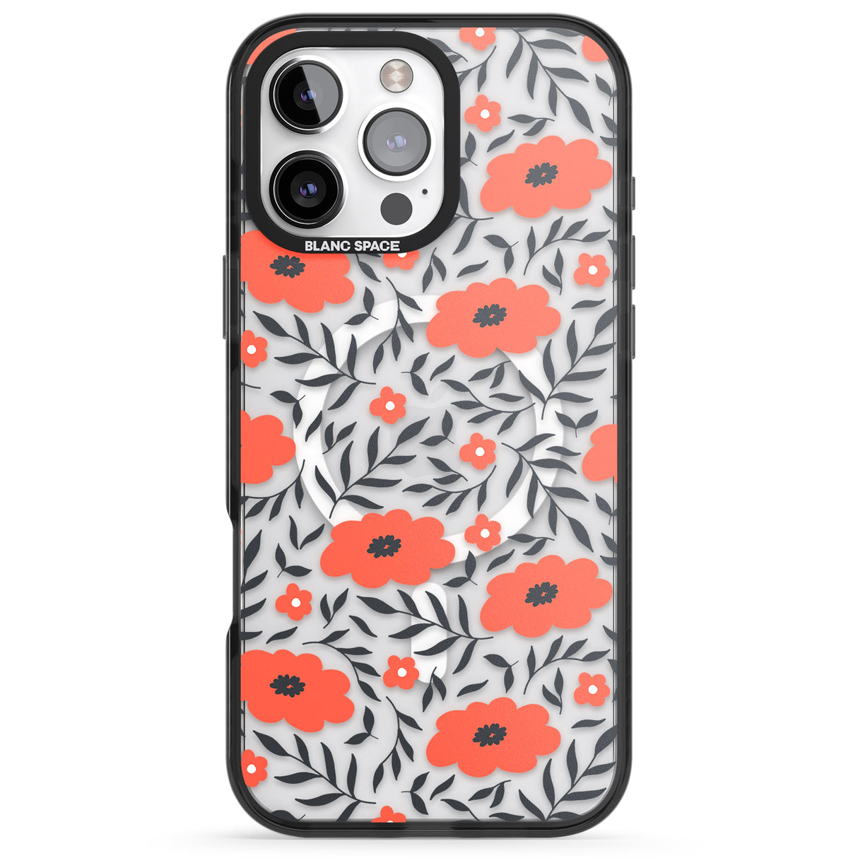 iPhone 16 Pro Max Red Poppy Transparent Floral Black Impact Phone Case