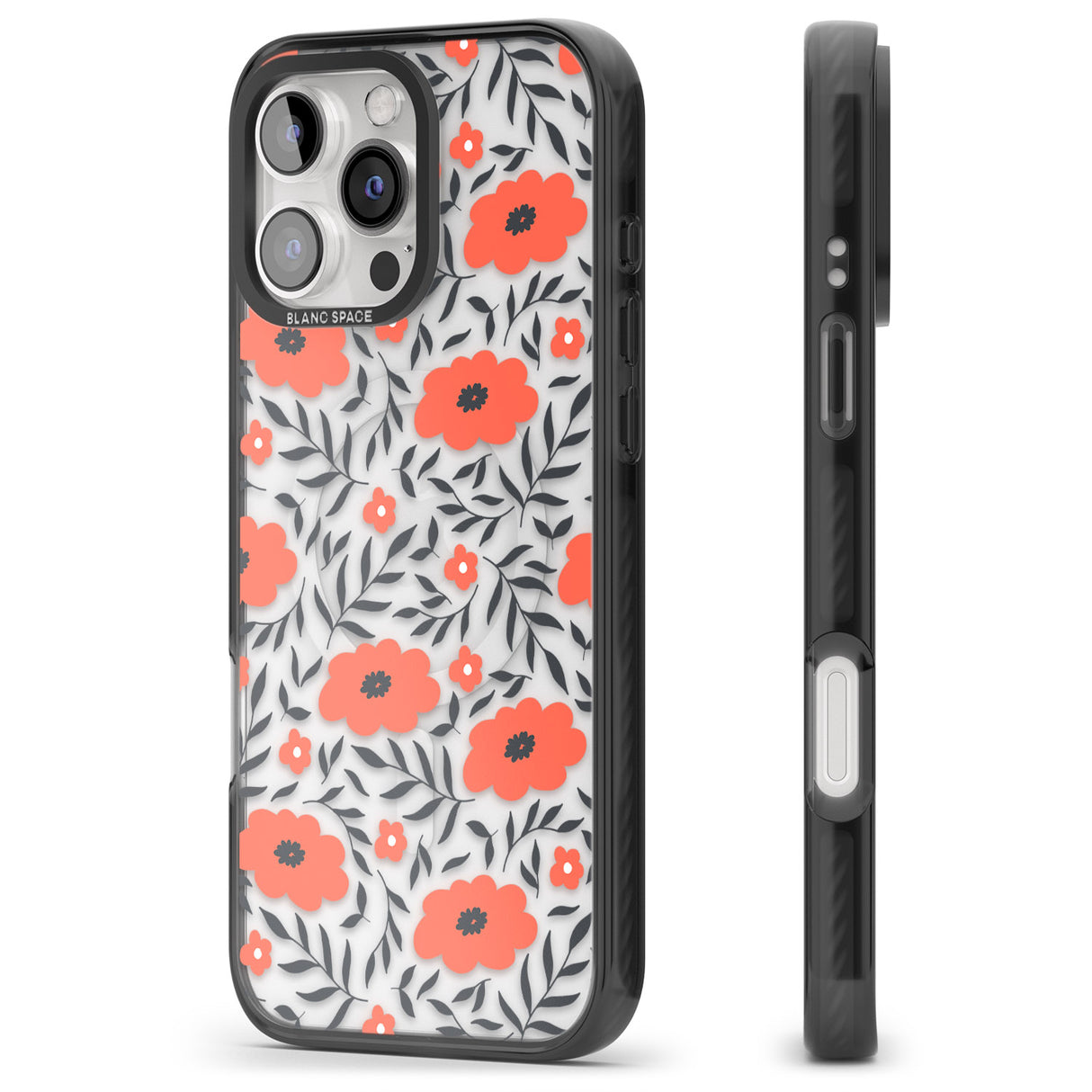 iPhone 16 Pro Max Red Poppy Transparent Floral Black Impact Phone Case