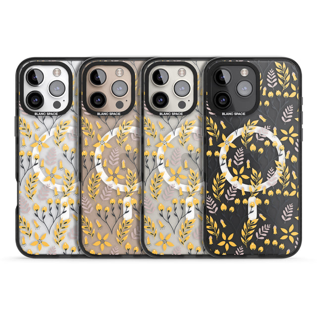 iPhone 16 Pro Max Yellow Leaves Transparent Floral Black Impact Phone Case