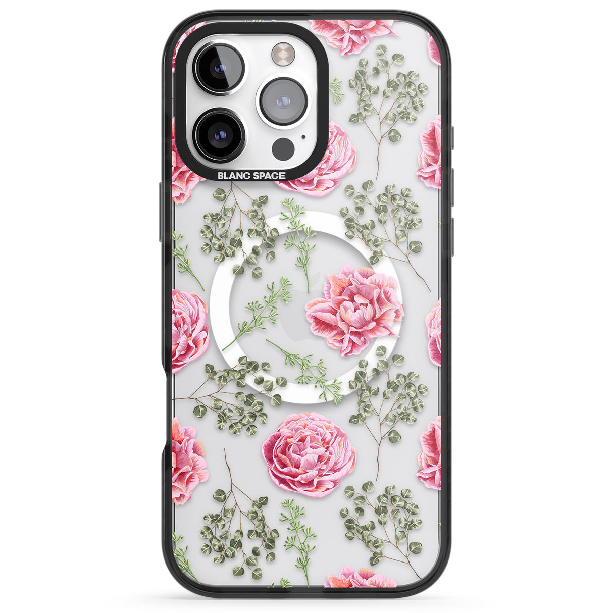 iPhone 16 Pro Max Roses & Eucalyptus Transparent Floral Black Impact Phone Case