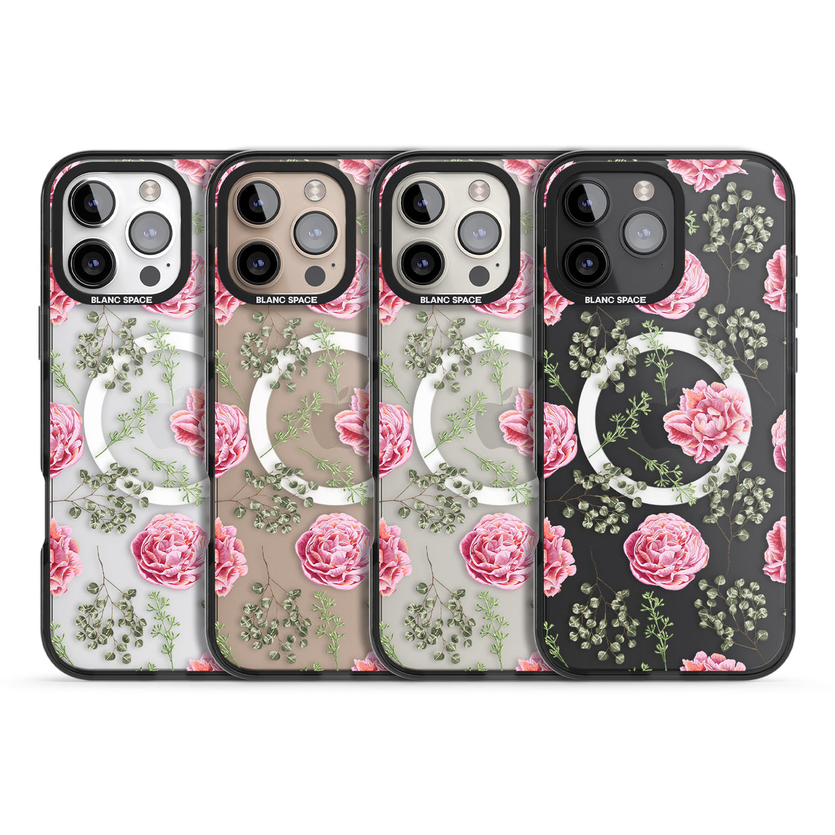 iPhone 16 Pro Max Roses & Eucalyptus Transparent Floral Black Impact Phone Case