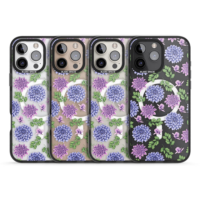 iPhone 16 Pro Max Purple Dahlias Transparent Floral Black Impact Phone Case