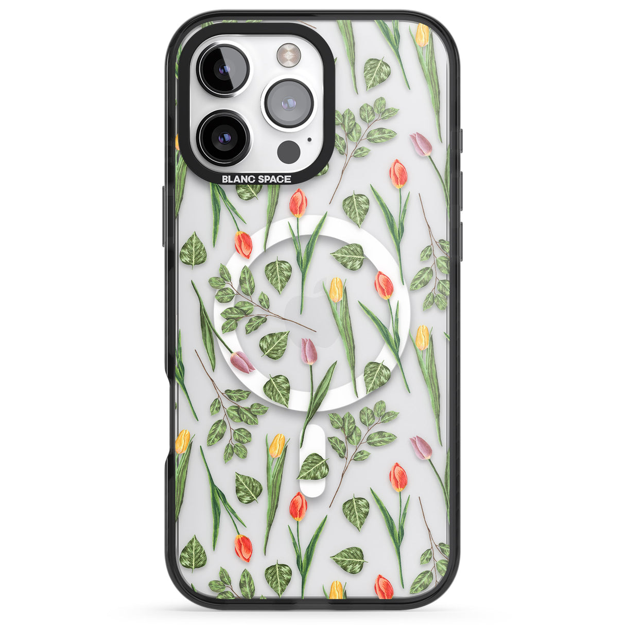 iPhone 16 Pro Max Spring Tulips Transparent Floral Black Impact Phone Case