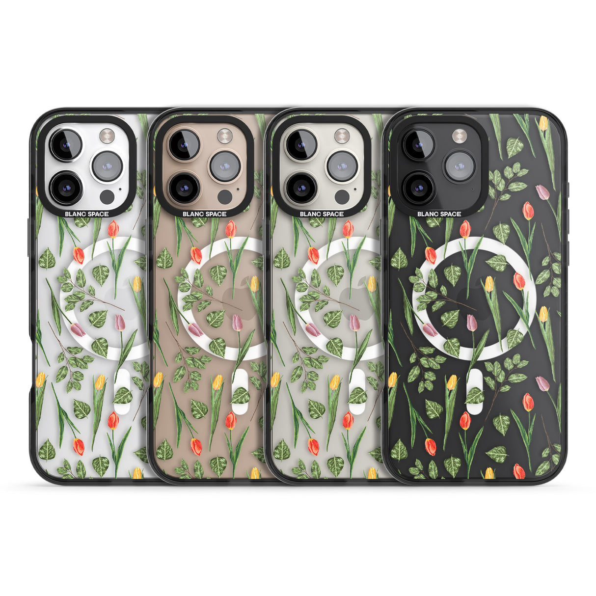 iPhone 16 Pro Max Spring Tulips Transparent Floral Black Impact Phone Case