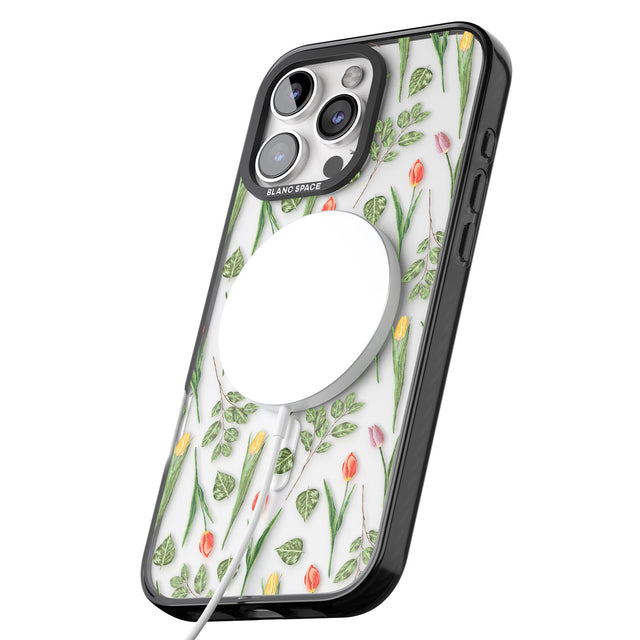 iPhone 16 Pro Max Spring Tulips Transparent Floral Black Impact Phone Case