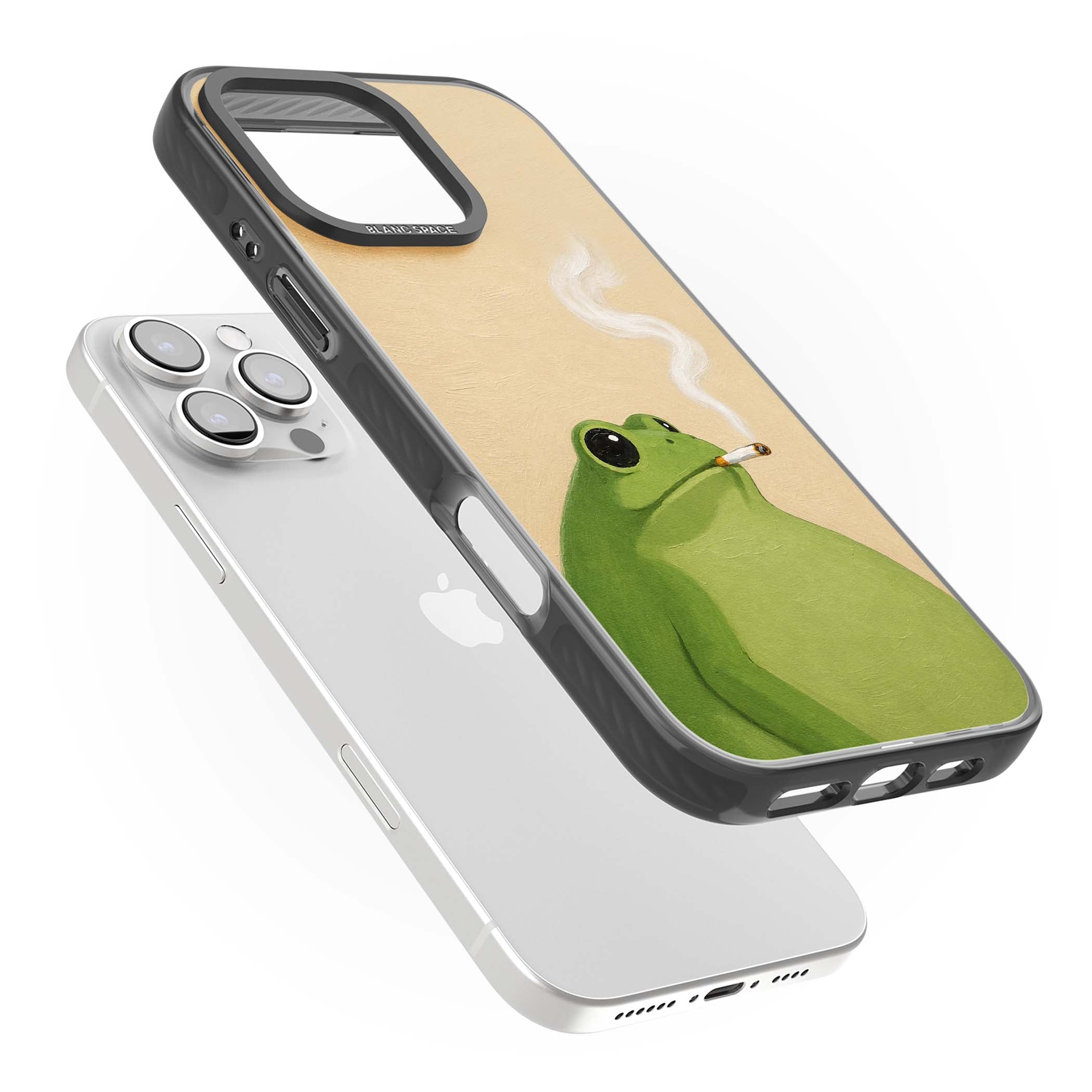 The Smoking Frog cottagecore iPhone case featuring a hand-painted green frog smoking a cigarette on a cream oil painting back | Black Impact Magsafe case for iPhone 16 Pro, iPhone 16 Pro Max