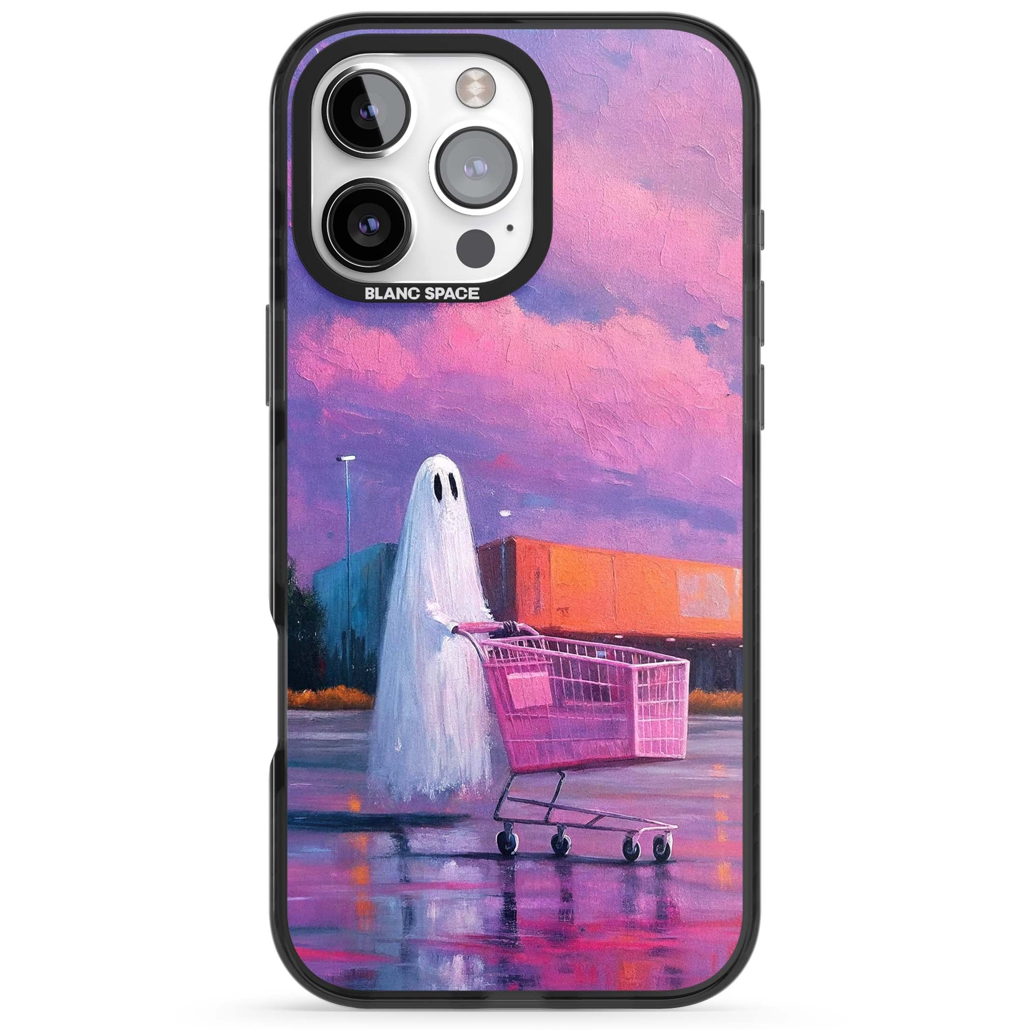 A Ghost's Errand ghost halloween iPhone case featuring a painted ghost, pink shopping trolley and purple sunset sky | Black Impact Magsafe case for iPhone 16 Pro, iPhone 16 Pro Max