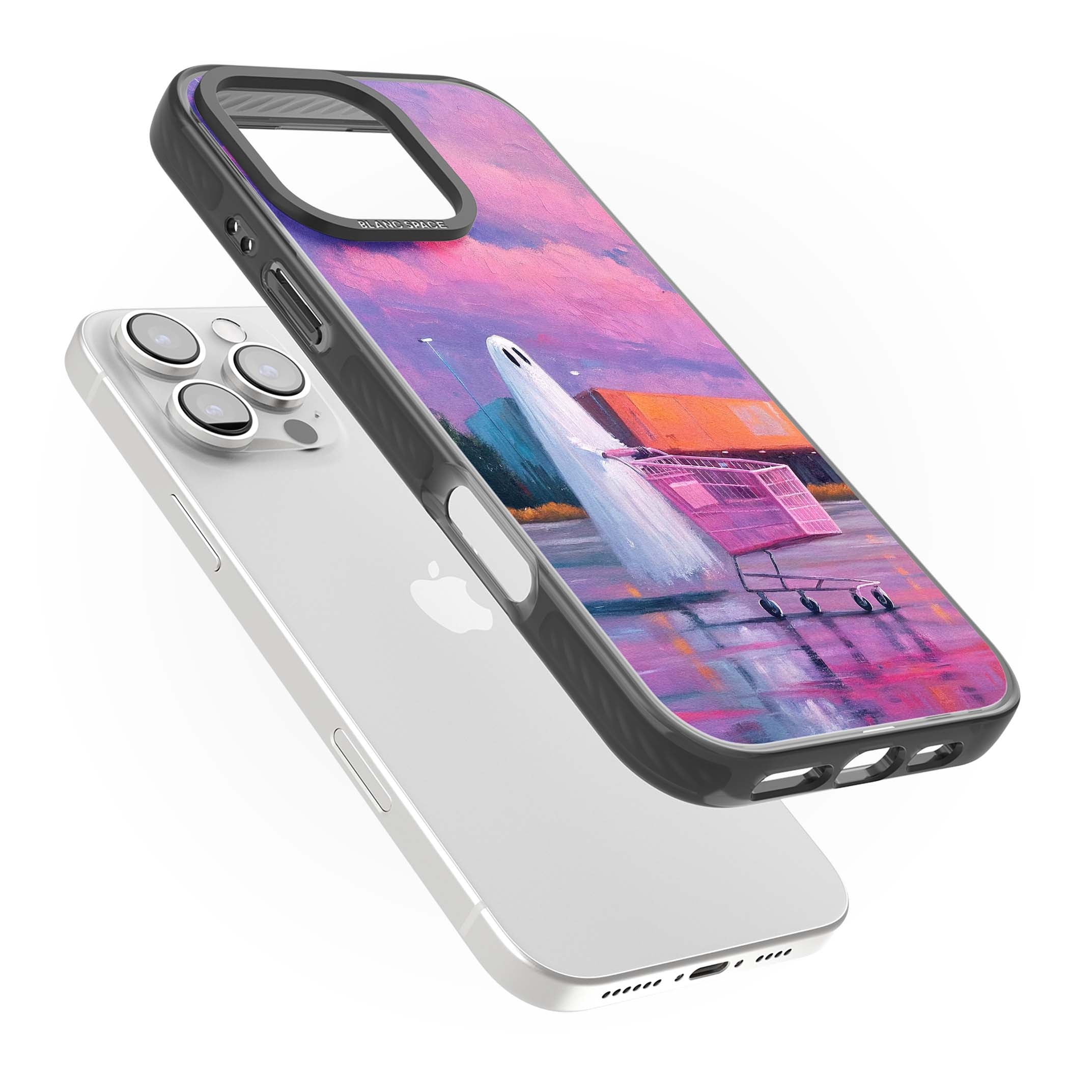 A Ghost's Errand ghost halloween iPhone case featuring a painted ghost, pink shopping trolley and purple sunset sky | Black Impact Magsafe case for iPhone 16 Pro, iPhone 16 Pro Max