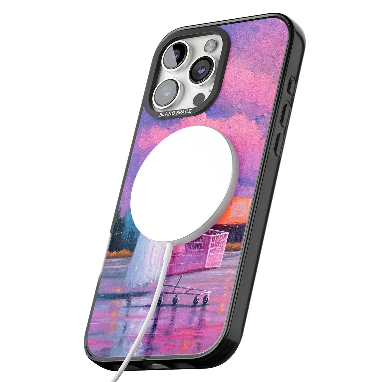 A Ghost's Errand ghost halloween iPhone case featuring a painted ghost, pink shopping trolley and purple sunset sky | Black Impact Magsafe case for iPhone 16 Pro, iPhone 16 Pro Max