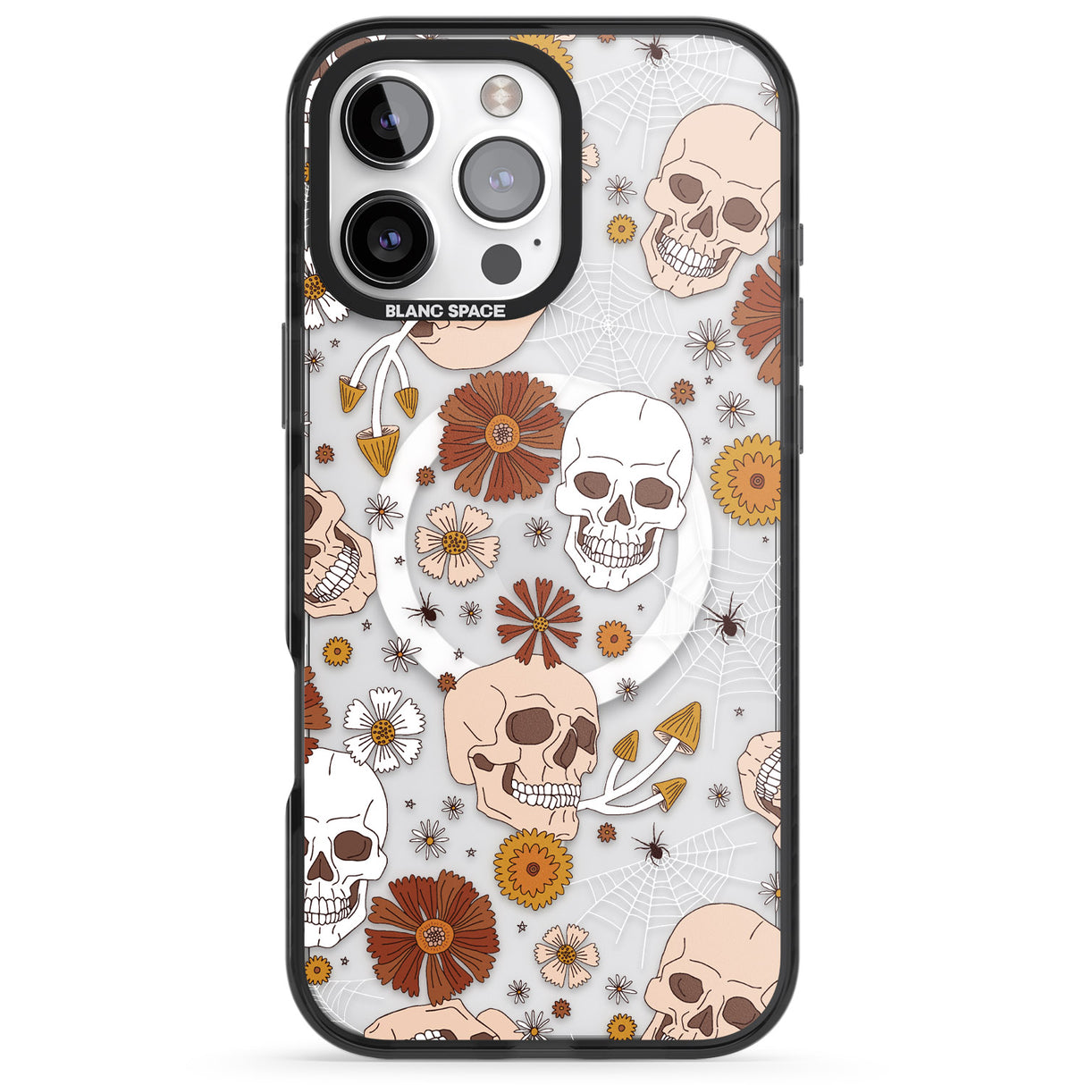 iPhone 16 Pro Max Halloween Skulls and Flowers Black Impact Phone Case