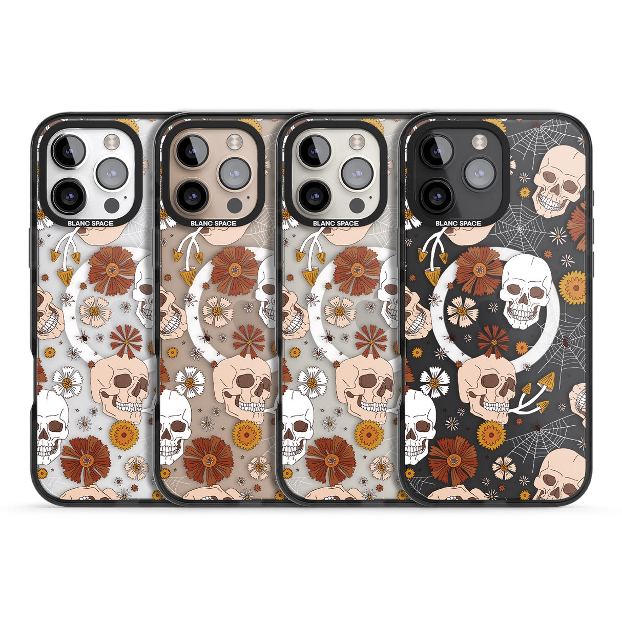 iPhone 16 Pro Max Halloween Skulls and Flowers Black Impact Phone Case