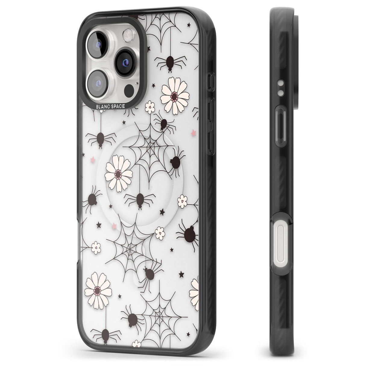 Spiders and Flowers Pattern Black Impact Magsafe Phone Case for iPhone 16 Pro, iPhone 16 Pro Max