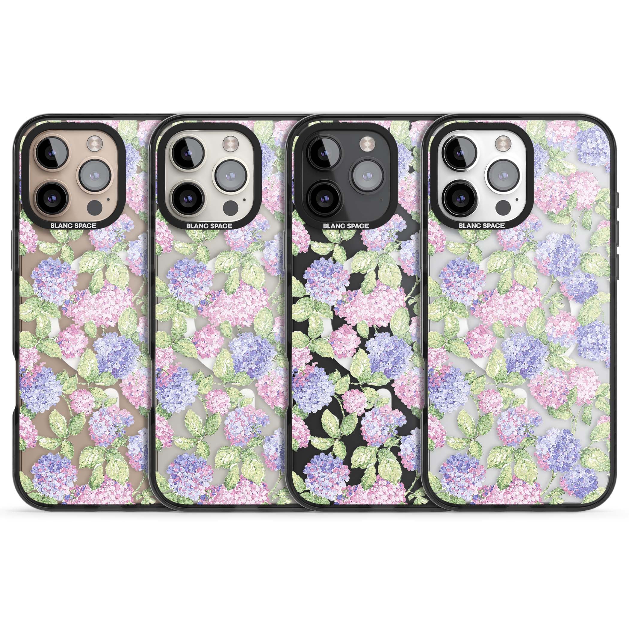 Cottage Hydrangea cottagecore iPhone case featuring pink and purple hydrangea blooms with green leaves on a clear background | Black Impact Magsafe case for iPhone 16 Pro, iPhone 16 Pro Max