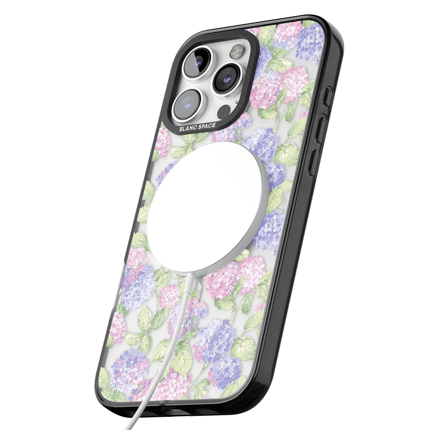 Cottage Hydrangea cottagecore iPhone case featuring pink and purple hydrangea blooms with green leaves on a clear background | Black Impact Magsafe case for iPhone 16 Pro, iPhone 16 Pro Max