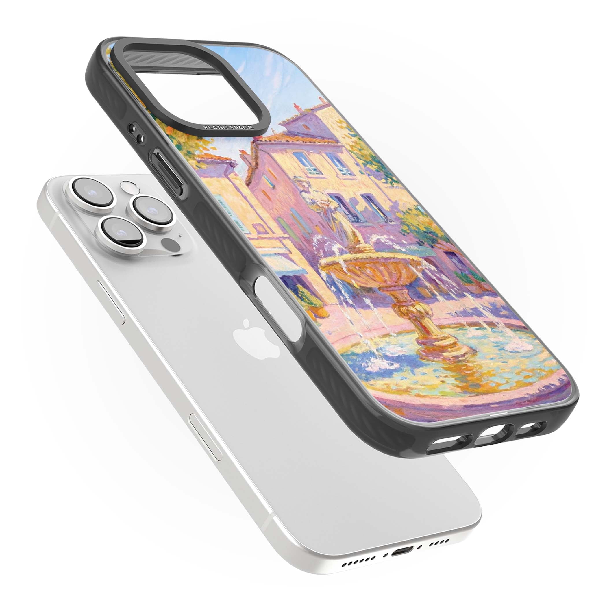 Fountain Square fine art iPhone case featuring an impressionist Provençal fountain, pastel village buildings and summe | Black Impact Magsafe case for iPhone 16 Pro, iPhone 16 Pro Max