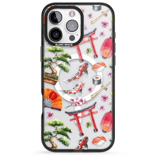 iPhone 16 Pro Max Mixed Japanese Watercolour Pattern Black Impact Phone Case