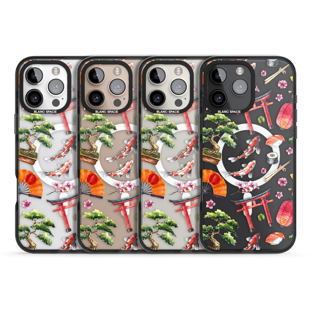 iPhone 16 Pro Max Mixed Japanese Watercolour Pattern Black Impact Phone Case