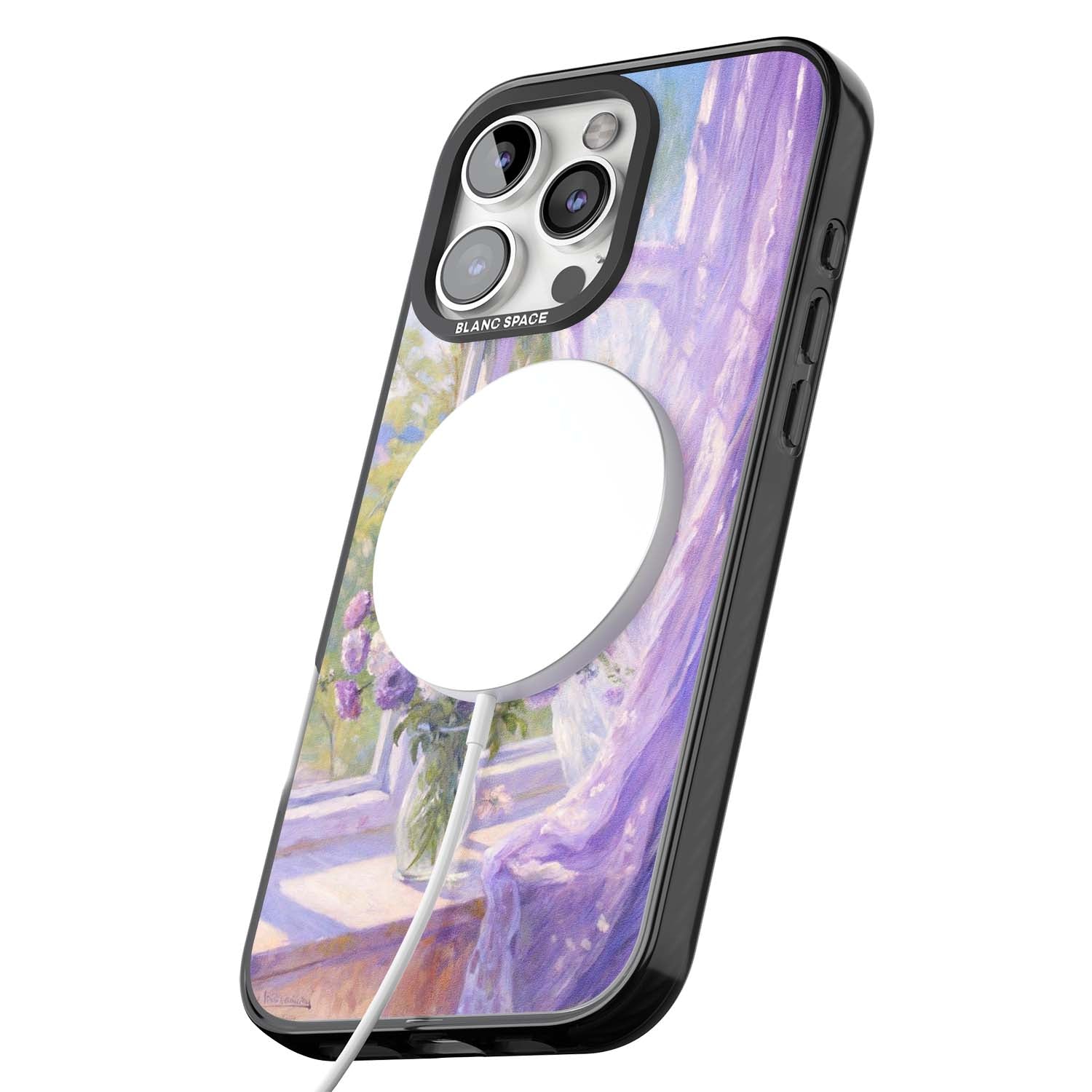 A Provence Morning impressionist art iPhone case featuring a vase of purple flowers, sunlit window and sheer curt | Black Impact Magsafe case for iPhone 16 Pro, iPhone 16 Pro Max