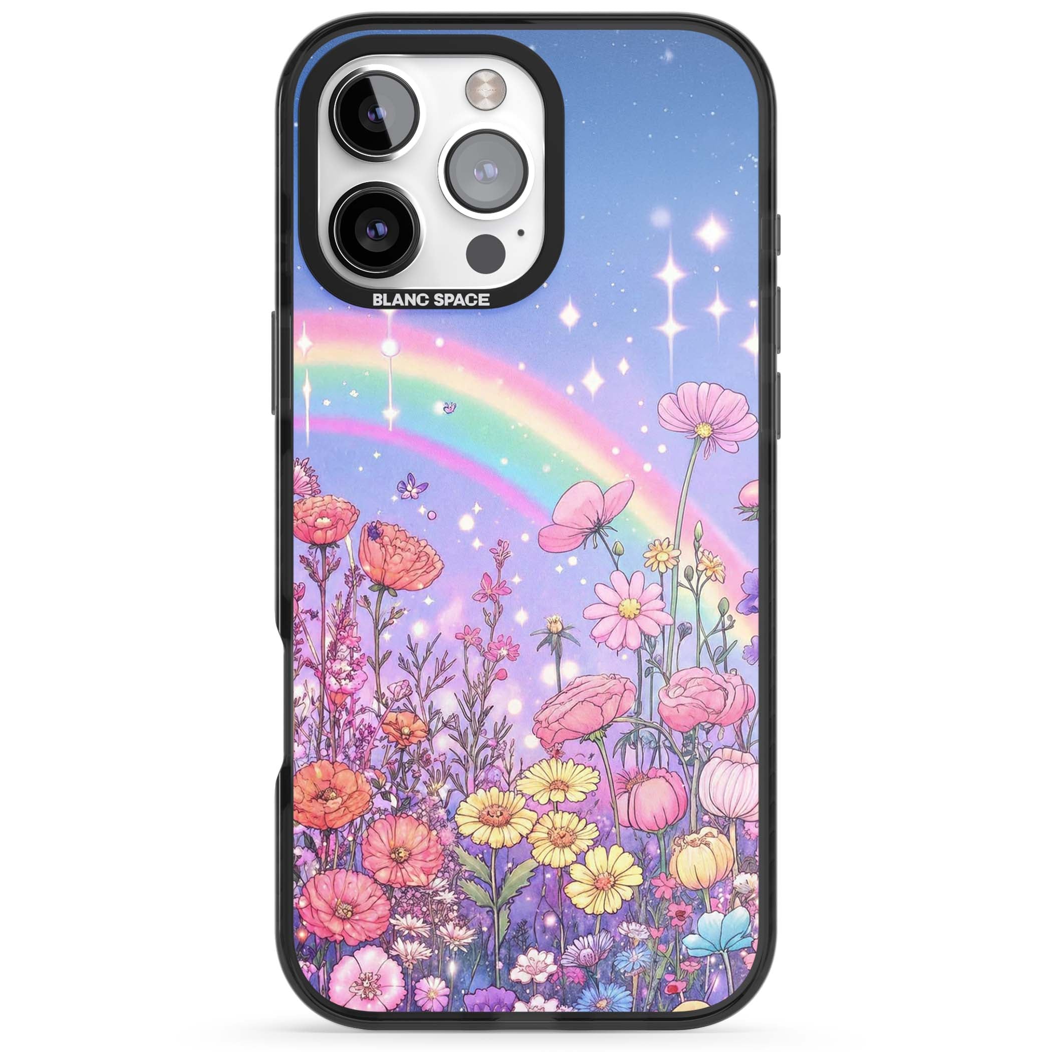 Magical Meadow fairycore iPhone case featuring a pastel rainbow, sparkling stars and a wildflower meadow | Black Impact Magsafe case for iPhone 16 Pro, iPhone 16 Pro Max