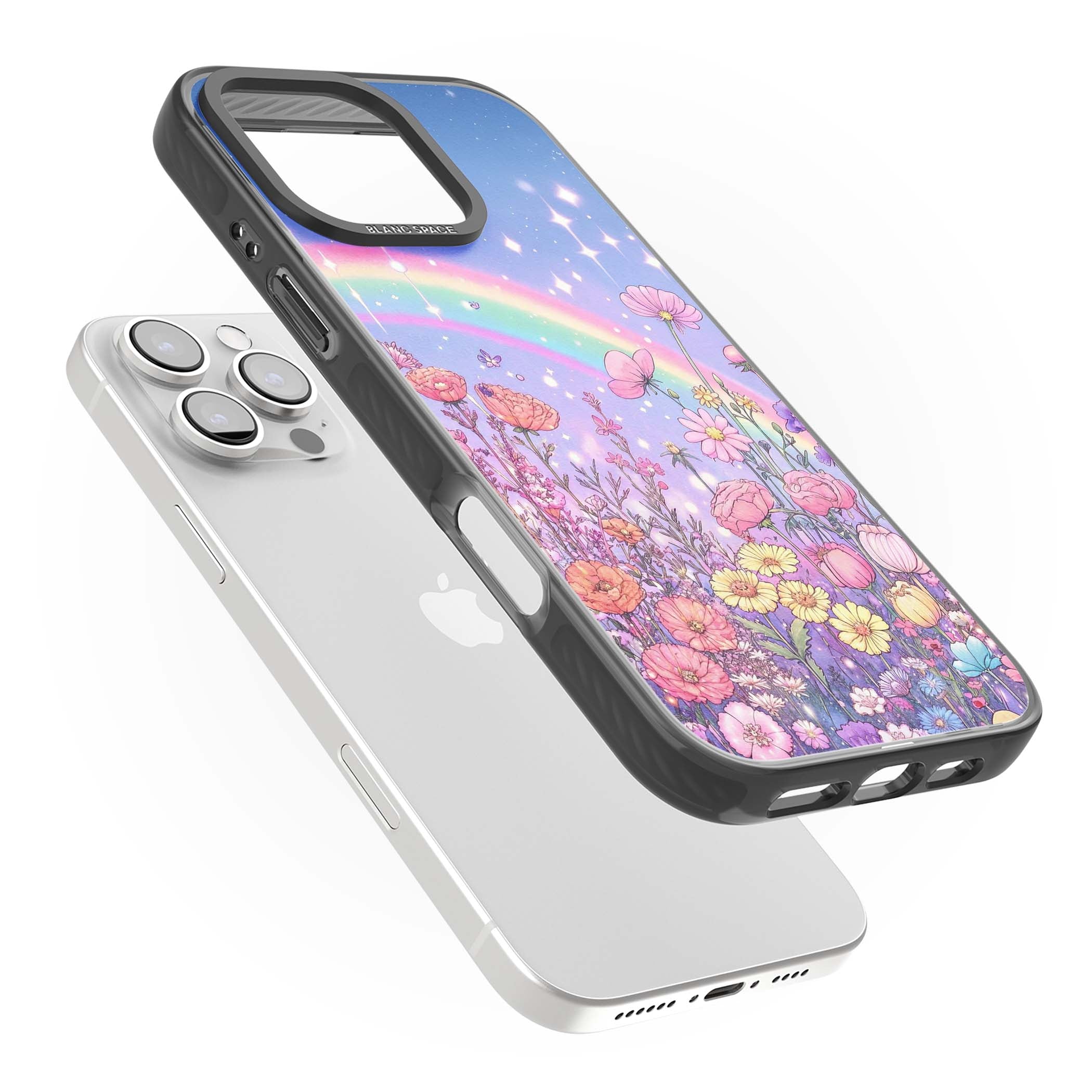 Magical Meadow fairycore iPhone case featuring a pastel rainbow, sparkling stars and a wildflower meadow | Black Impact Magsafe case for iPhone 16 Pro, iPhone 16 Pro Max