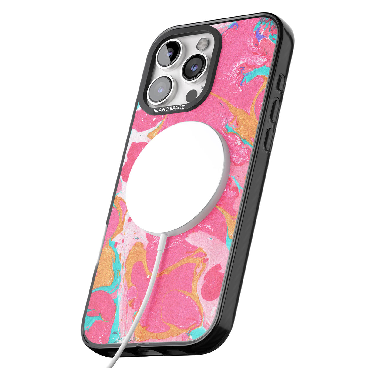 iPhone 16 Pro Max Pink, Orange & Turquoise Marbled Paper Pattern Black Impact Phone Case