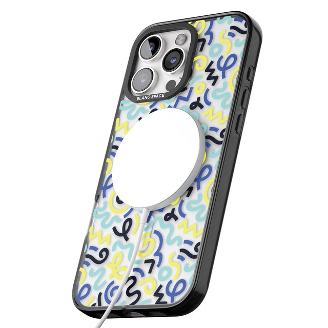 iPhone 16 Pro Max Blue & Yellow Shapes Memphis Retro Pattern Design Black Impact Phone Case