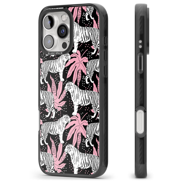 iPhone 16 Pro Max White Tigers on Black Pattern Black Impact Phone Case