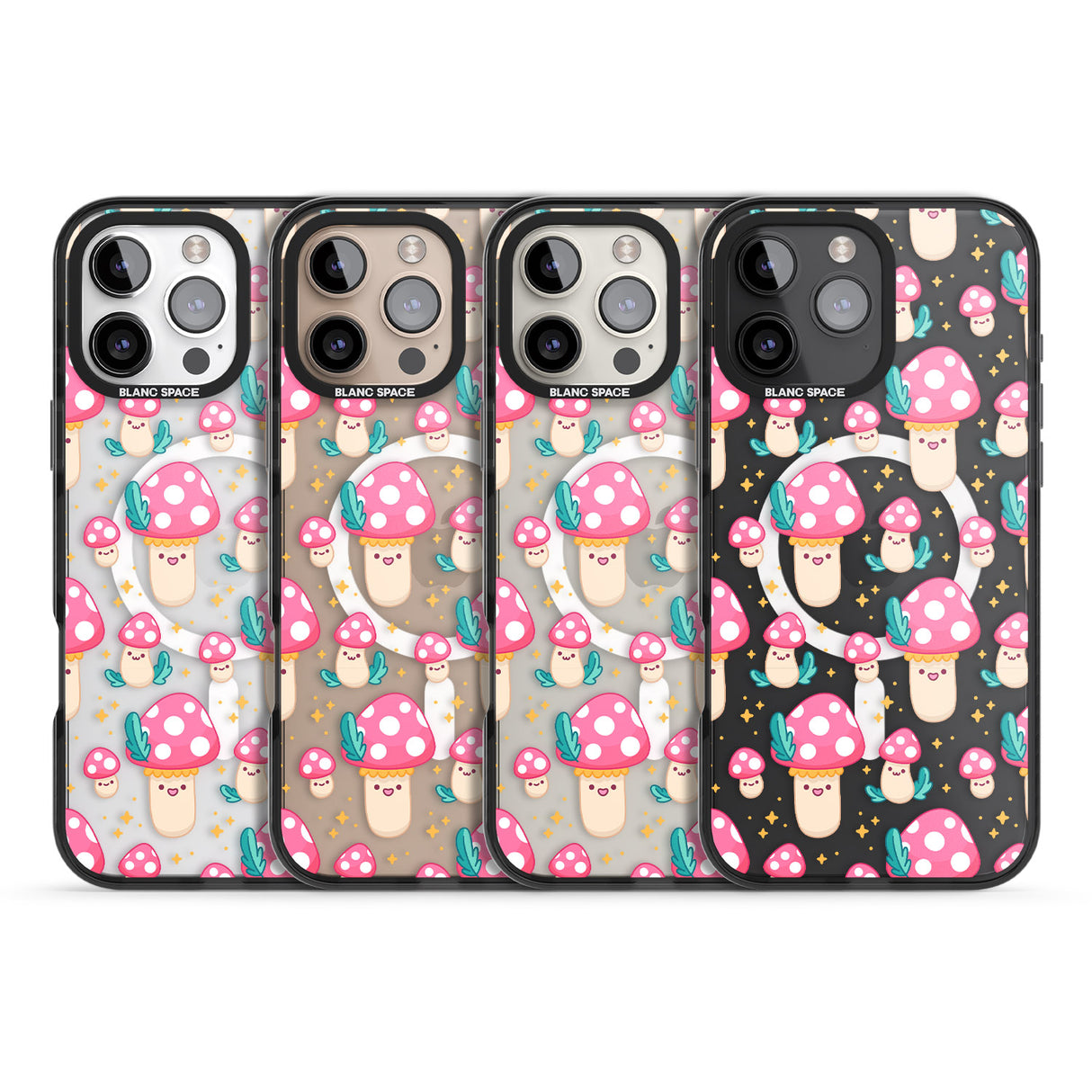 iPhone 16 Pro Max Cute Mushrooms Pattern Black Impact Phone Case