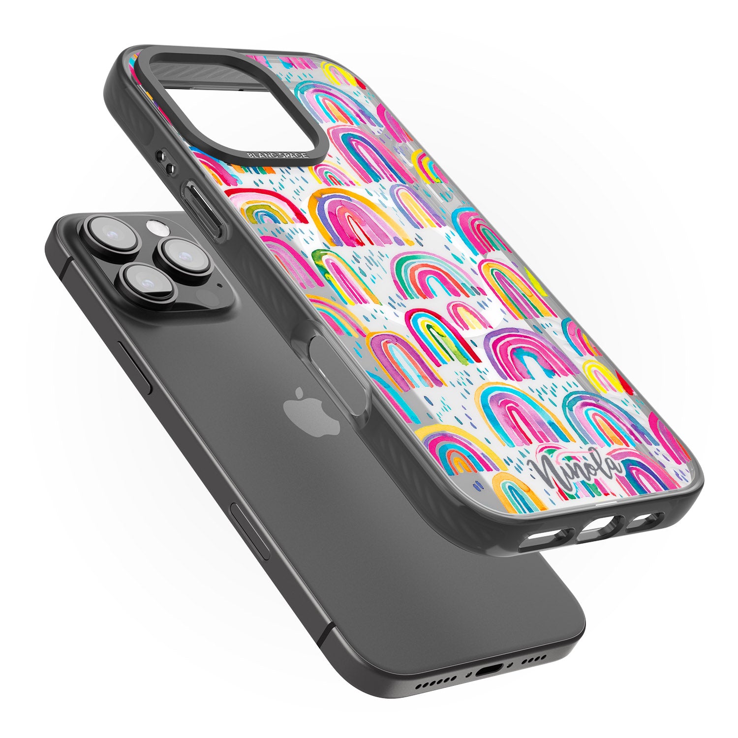 iPhone 16 Pro Max Cute Watercolor Rainbows Black Impact Phone Case