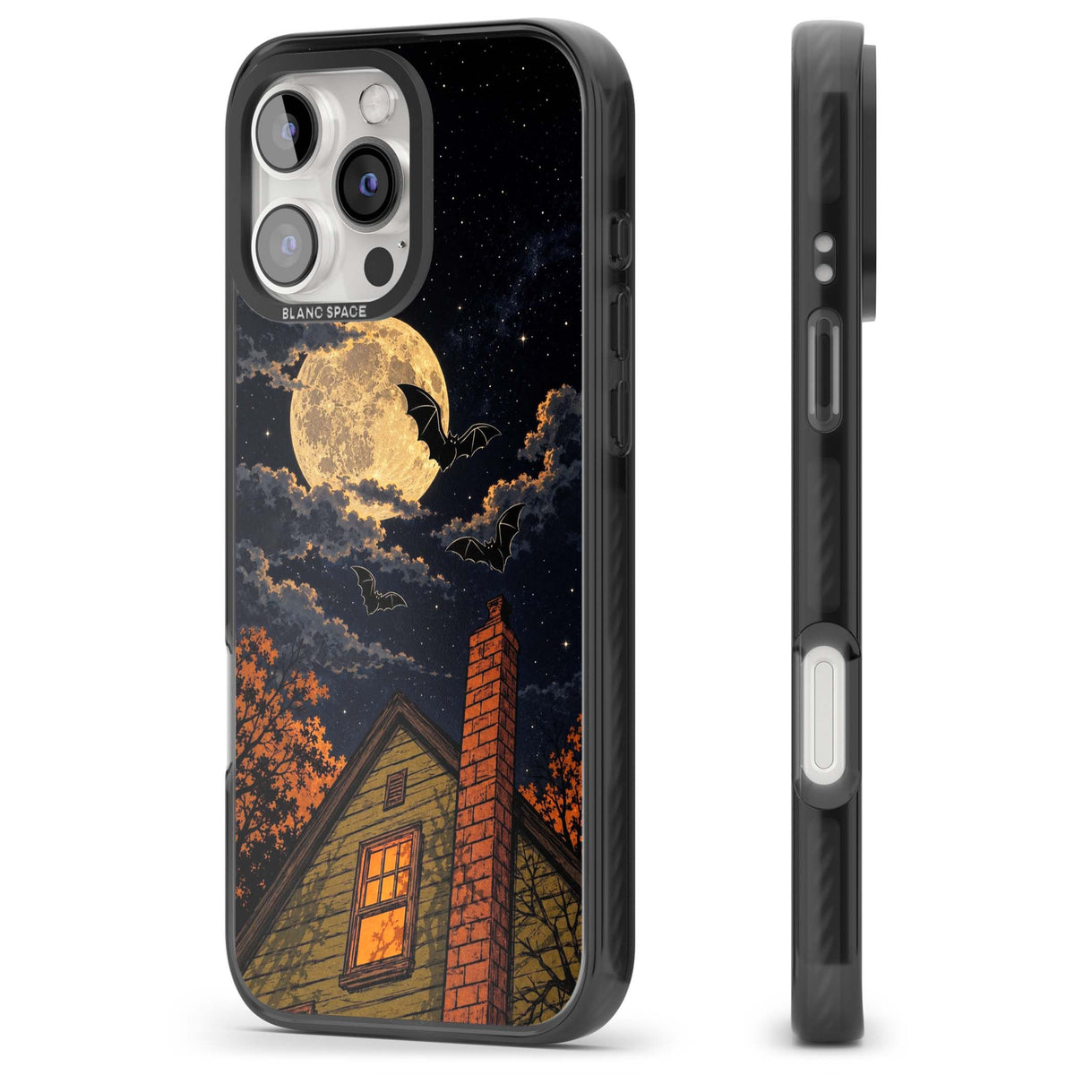 Hollows Eve Halloween iPhone case featuring a haunted house, full moon and flying bats against a starry autumn sky | Black Impact Magsafe case for iPhone 16 Pro, iPhone 16 Pro Max