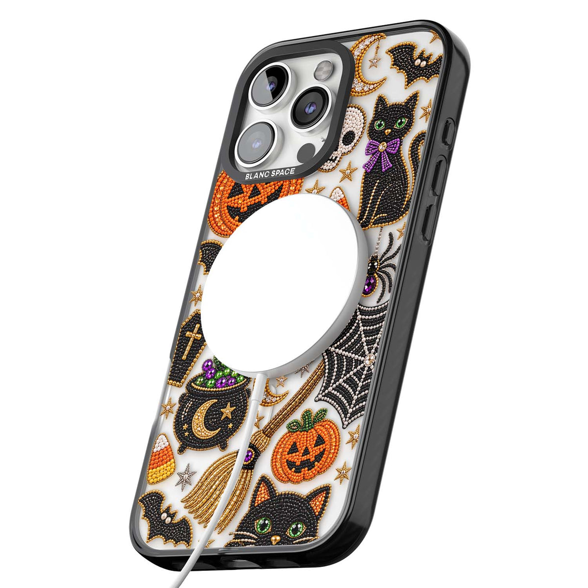 Beaded Halloween Halloween iPhone case featuring beaded pumpkins, ghosts, black cats and bats | Black Impact Magsafe case for iPhone 16 Pro, iPhone 16 Pro Max