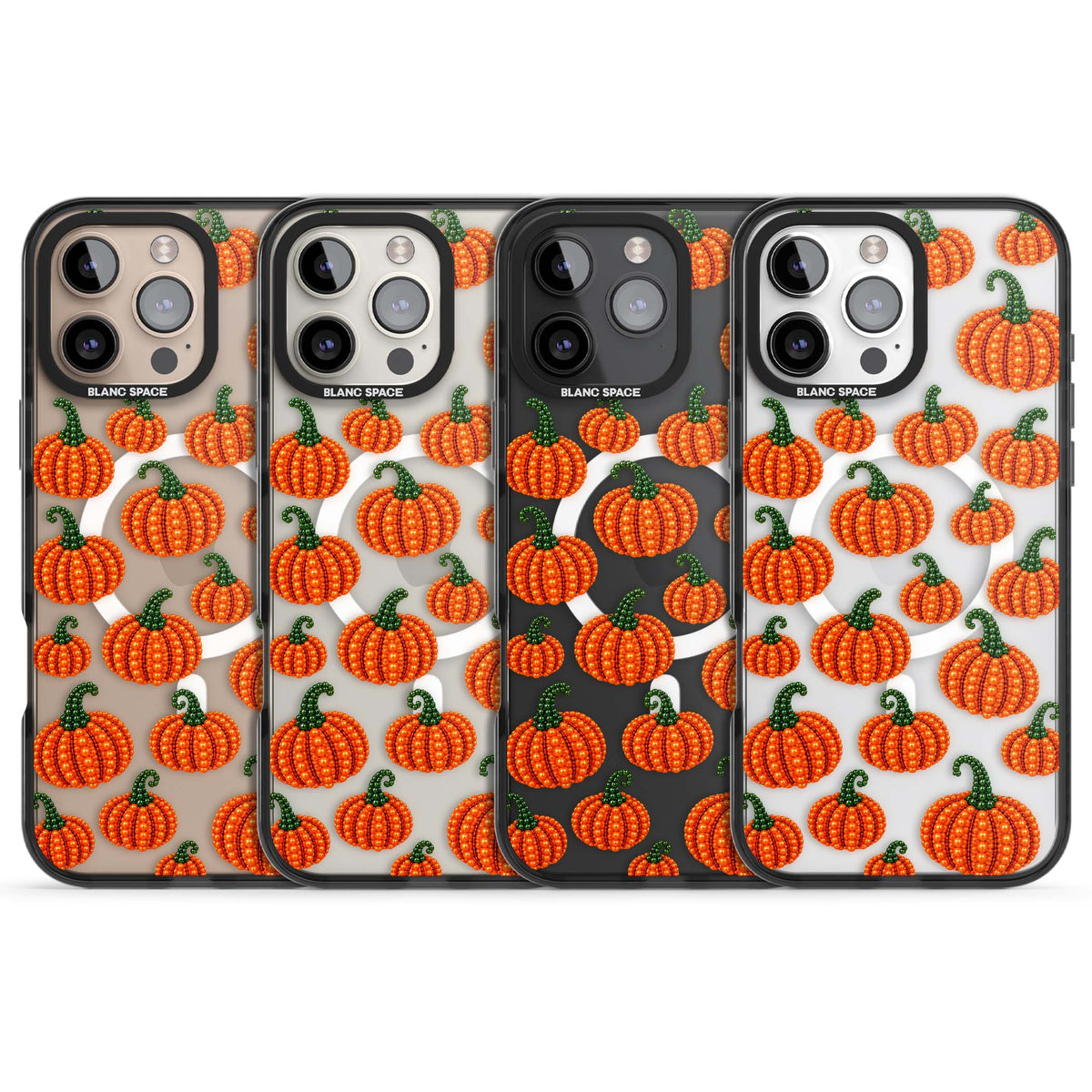 Beaded Pumpkins halloween iPhone case featuring beaded orange pumpkins with green stems on a clear background | Black Impact Magsafe case for iPhone 16 Pro, iPhone 16 Pro Max