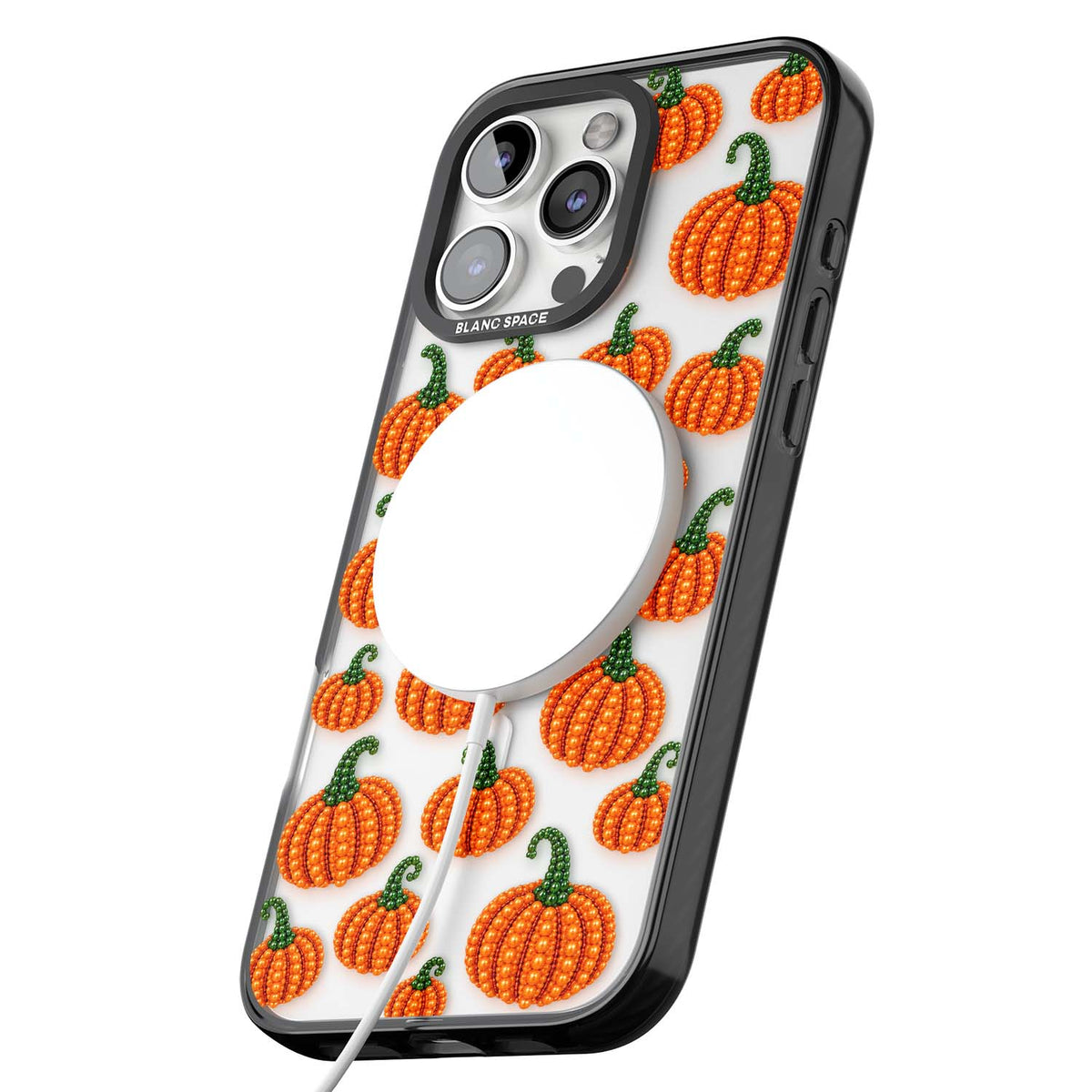 Beaded Pumpkins halloween iPhone case featuring beaded orange pumpkins with green stems on a clear background | Black Impact Magsafe case for iPhone 16 Pro, iPhone 16 Pro Max