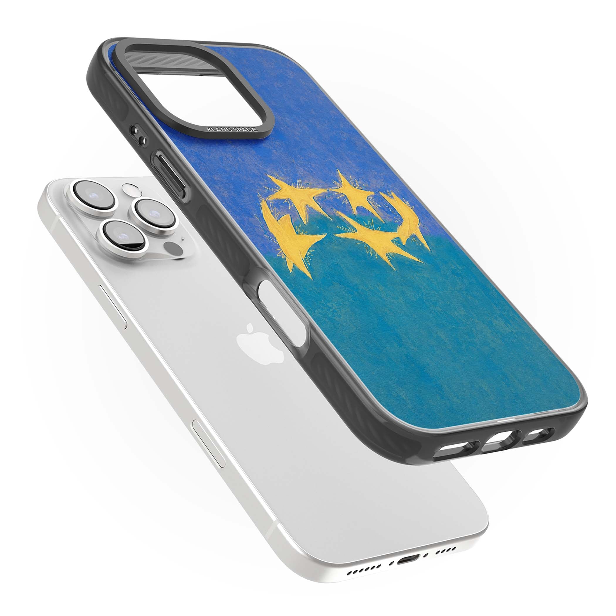 Star Boogie stars aesthetic iPhone case featuring five yellow hand-painted stars on cobalt blue and teal | Black Impact Magsafe case for iPhone 16 Pro, iPhone 16 Pro Max