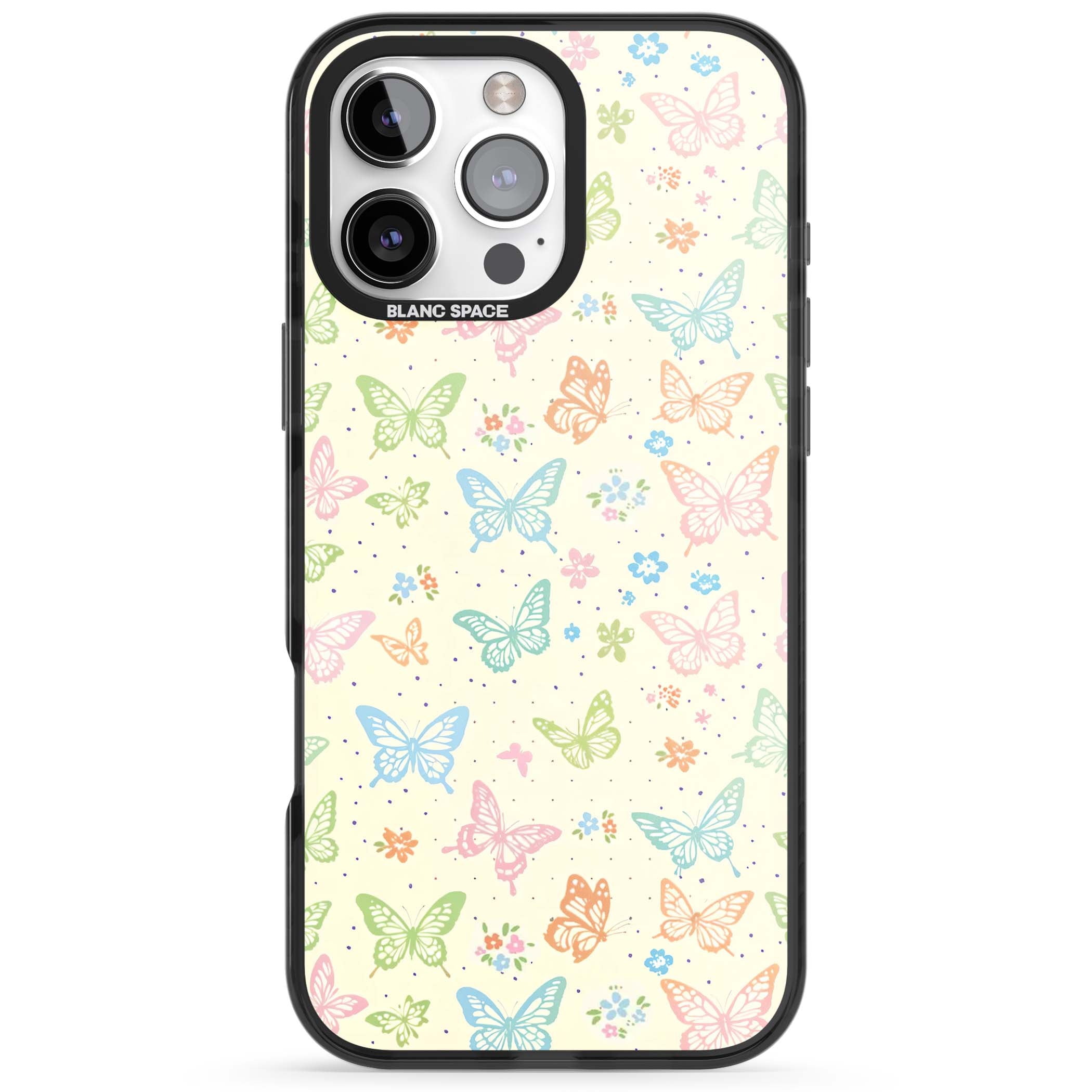 Sugar Wings cottagecore iPhone case featuring rainbow pastel butterflies, tiny wildflowers, and a cream background | Black Impact Magsafe case for iPhone 16 Pro, iPhone 16 Pro Max