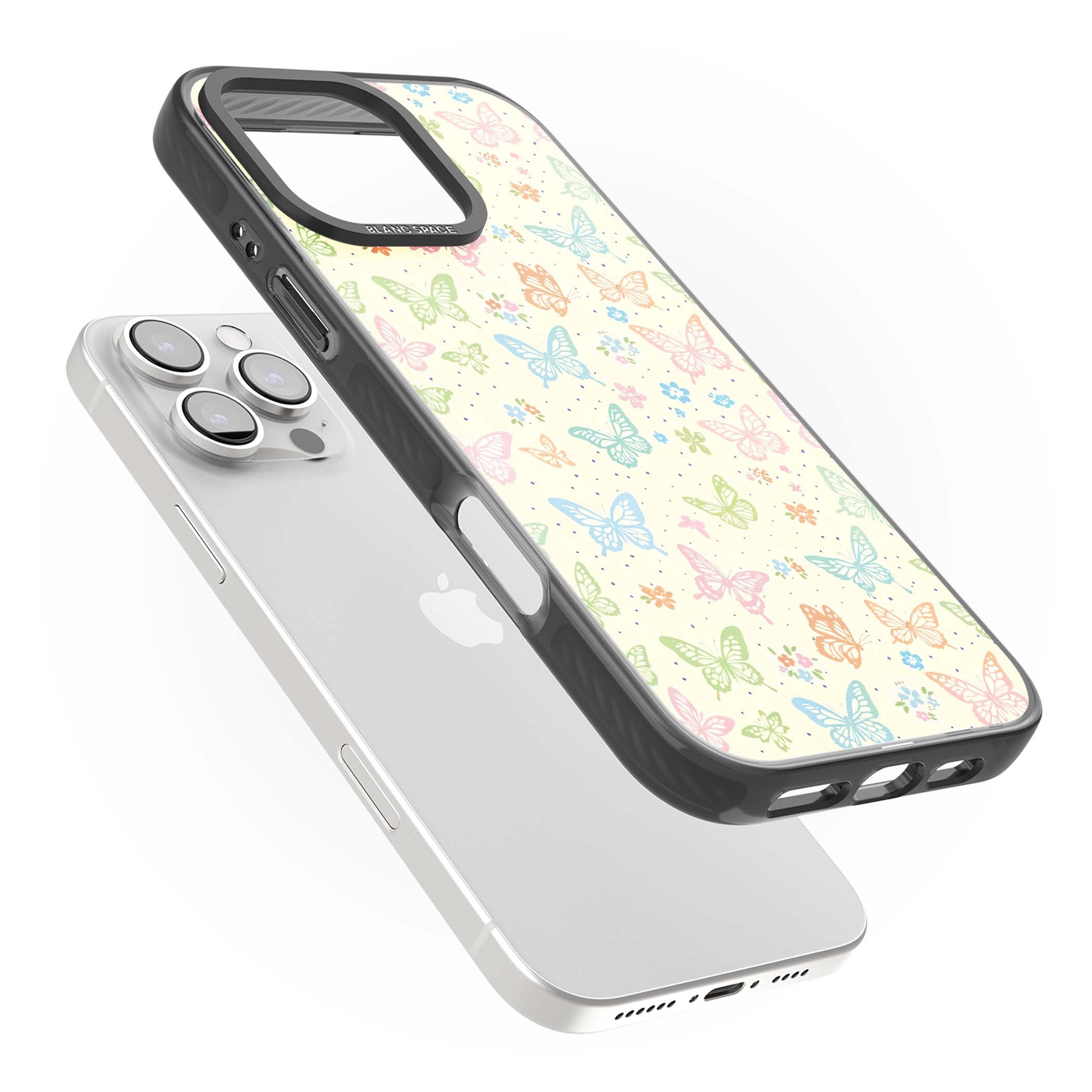 Sugar Wings cottagecore iPhone case featuring rainbow pastel butterflies, tiny wildflowers, and a cream background | Black Impact Magsafe case for iPhone 16 Pro, iPhone 16 Pro Max