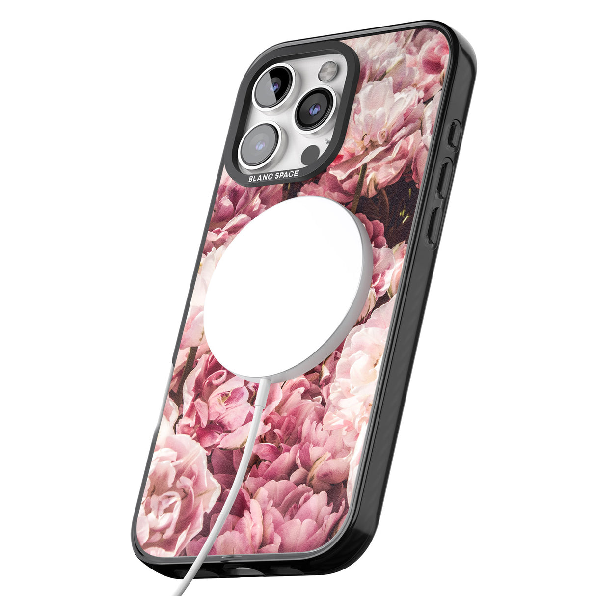 iPhone 16 Pro Max Pink Peonies Black Impact Phone Case