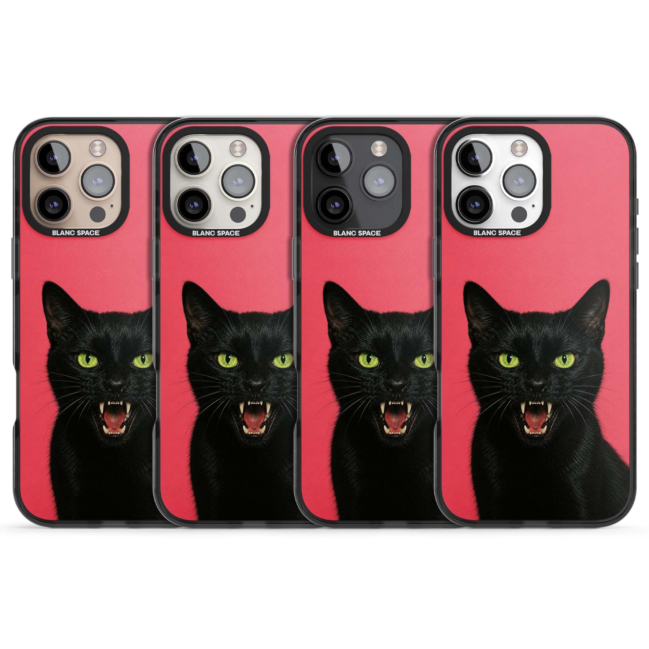Hissin' Baddie black cat iPhone case featuring a hissing feline with green eyes on a hot pink background | Black Impact Magsafe case for iPhone 16 Pro, iPhone 16 Pro Max