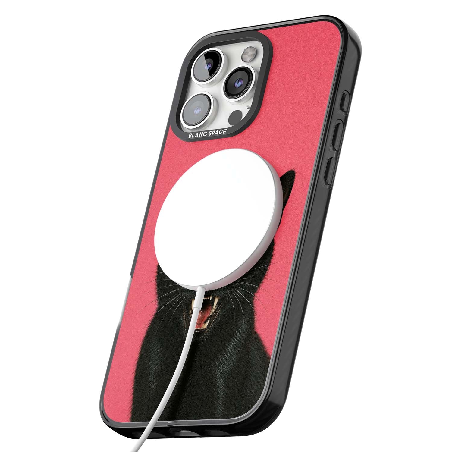 Hissin' Baddie black cat iPhone case featuring a hissing feline with green eyes on a hot pink background | Black Impact Magsafe case for iPhone 16 Pro, iPhone 16 Pro Max